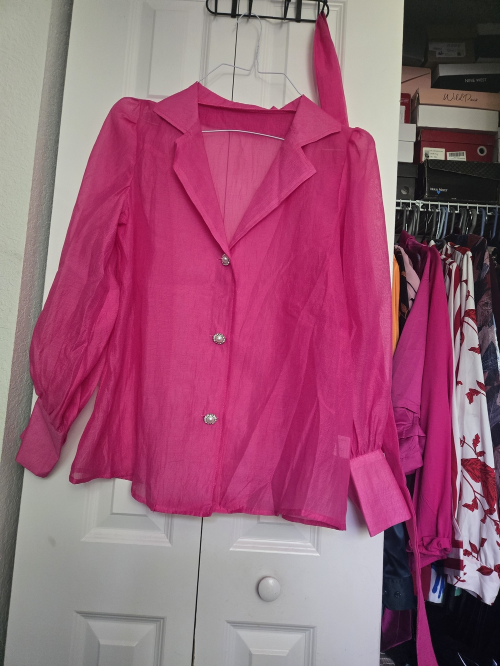 Hot Pink Sheer Button-Front Women’s Blouse